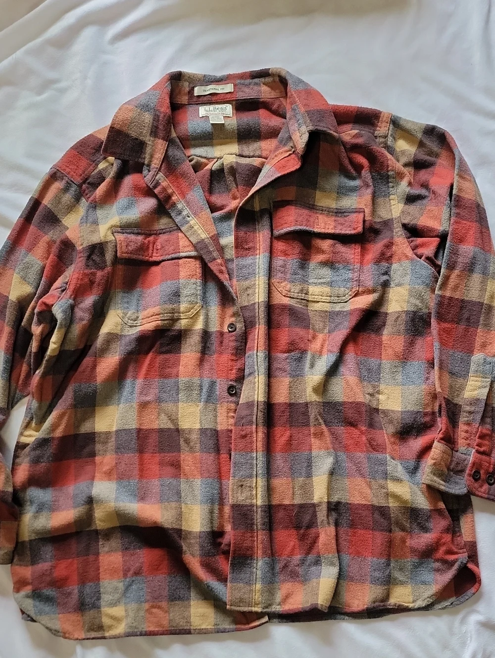 L.L. Bean Red, Tan & Gray Plaid Flannel Shirt